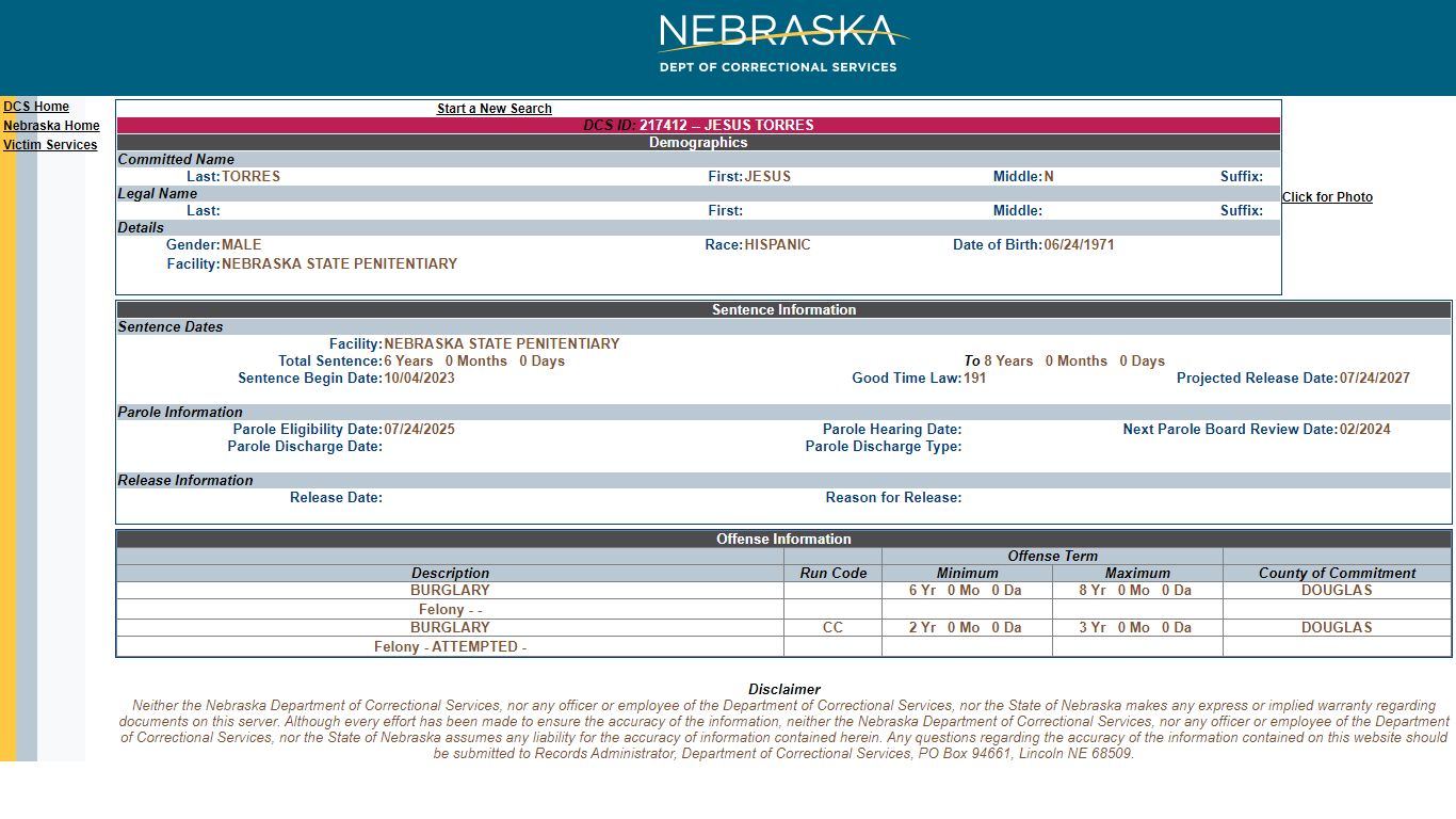 Nebraska Inmate Details